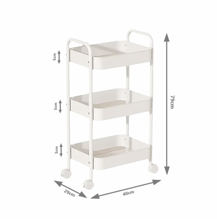 3-Tier Slim Metal Storage Trolley on Wheels - White